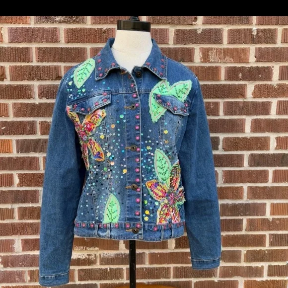Berek Dimen Blue and Green Jean Jacket with Dinosaur Embellishments - Picture 1 of 13